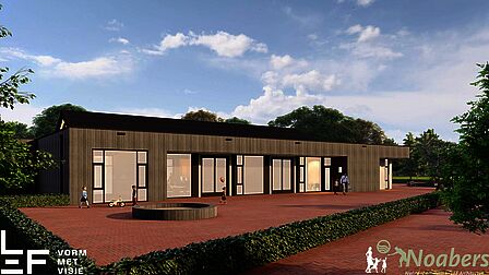 Getekende weergave van het gebouw kindcentrum Lettele, 1 laags, buitenkant hout, veel ramen. Een pleintje met een zandbak en een groene heg.